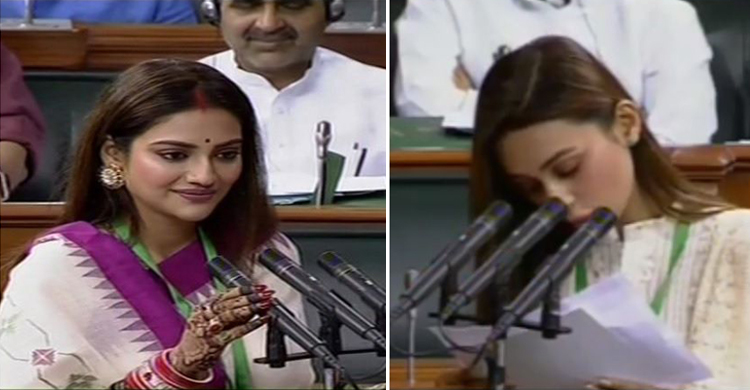 নববধূর বেশে সংসদে শপথ নিলেন নুসরাত, ছিলেন মিমিও